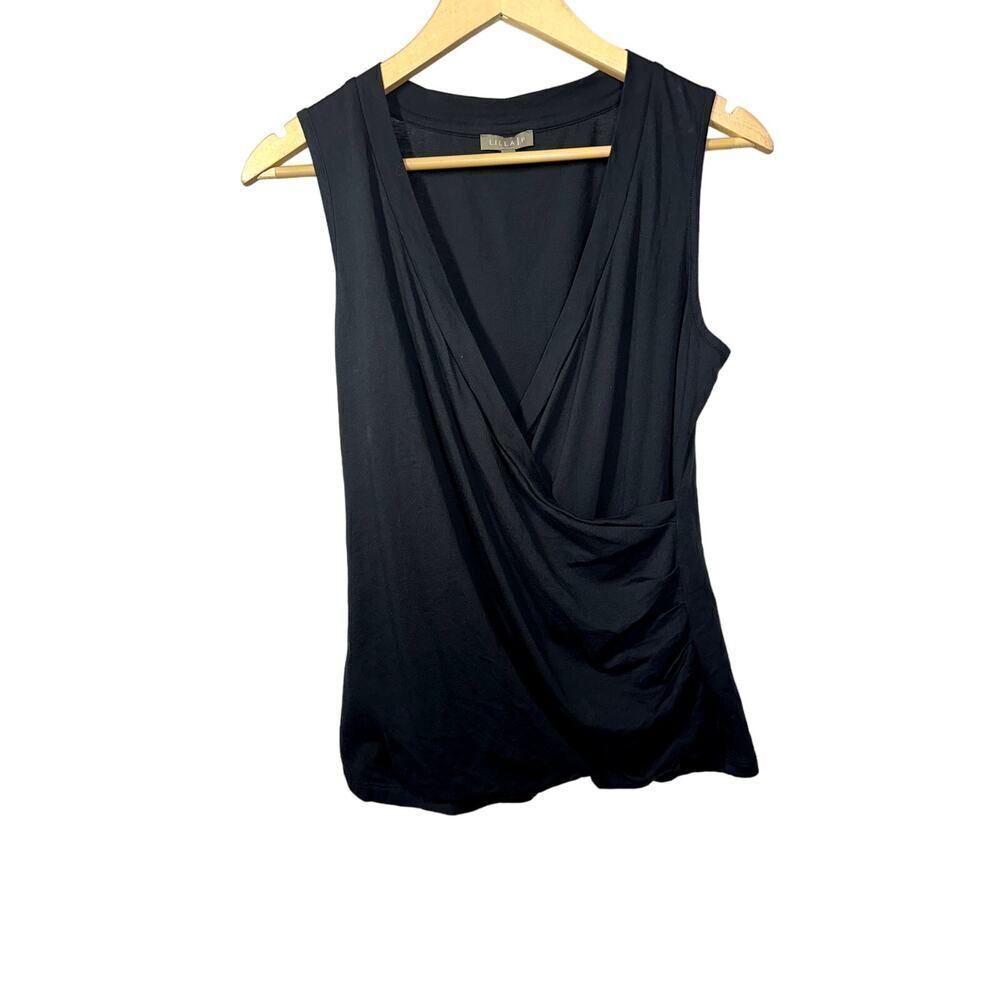 LILLA P Women's Pima Cotton Surplice Faux Wrap Sleeveless Top Black Size Large